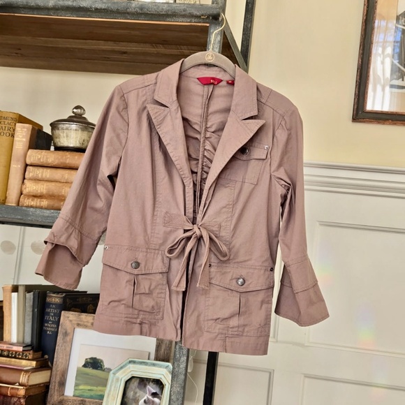 G.I.L.I. stylish khaki Jacket or Blazer with pockets, ruching and tie front. o/s - Picture 7 of 12